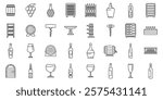 Wine cellar interior icons set. Winemaking icons representing various stages of wine production, storage, and serving, including grapes, barrels, bottles, glasses, and cellar equipment