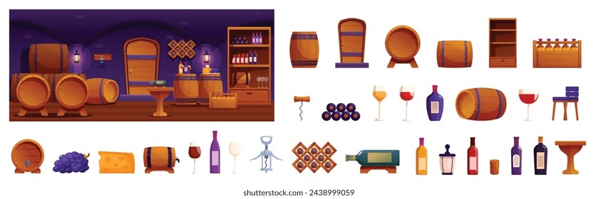 Wine cellar interior icons set cartoon vector. Wooden barrel. Shelf rack alcohol