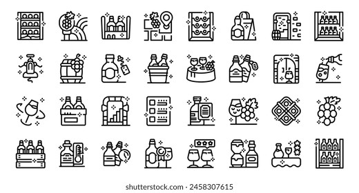 Wine cellar interior icons set outline vector. Wooden cask. Shelf rack