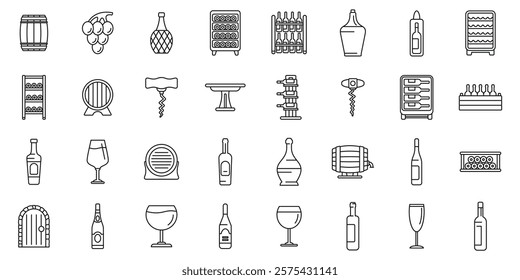 Wine cellar interior icons set. Winemaking icons representing various stages of wine production, storage, and serving, including grapes, barrels, bottles, glasses, and cellar equipment