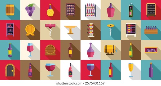 Wine cellar interior icons set. Winemaking process and storage icons showing wine bottles, grape, barrels, wine cellar, and glass of wine