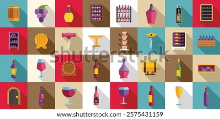 Wine cellar interior icons set. Winemaking process and storage icons showing wine bottles, grape, barrels, wine cellar, and glass of wine