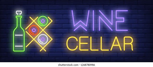 Wine cellar neon text with bottles on racks. Winery and wine collection design. Night bright neon sign, colorful billboard, light banner. Vector illustration in neon style.