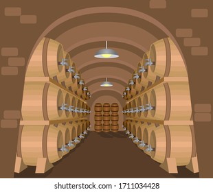 Wine cellar with oak barrels standing in rows. Winery, wine production plant. Wine aging and storage. Traditional craft wine making. Cartoon vector illustration