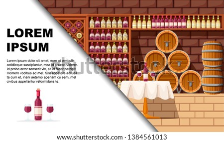 Wine cellar with shelves, barrels and table. Flat vector illustration. Flat vector illustration with place for text. Advertising flyer or greetings card design.