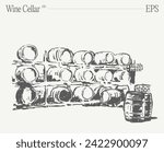 A wine cellar showcasing stacked barrels. Hand drawn vector illustration, sketch.