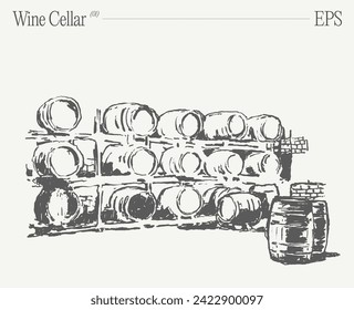 A wine cellar showcasing stacked barrels. Hand drawn vector illustration, sketch.