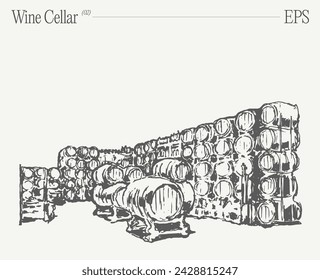 A wine cellar showcasing stacked barrels. Hand drawn vector illustration, sketch.