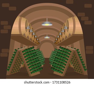 Wine cellar with stacked of bottles and oak barrels. Winery warehouse. Wine aging and storage. Industrial winemaking. High-end vintage vino underground. Cartoon vector illustration