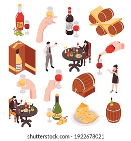 Wine cellar tasting isometric set visitors sommelier pouring white red rose wineglasses bottles oak barrels vector illustration 