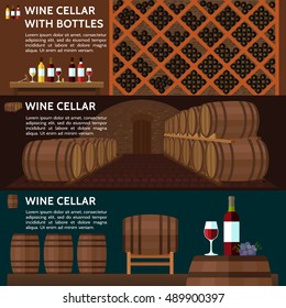 Wine cellar and tasting room with bottles on wooden shelves. White, rose, and red wine glasses. Wooden barrels in winery