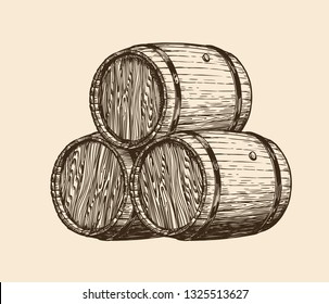 Wine cellar, winery. Wooden barrels with wine, sketch. Vintage vector illustration