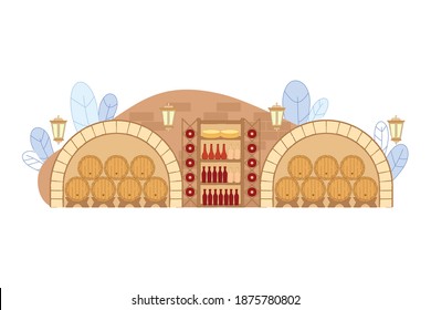 Wine Cellar with Wooden Barrels and Wine Bottles on Shelf Vector Illustration. Restaurant Basement Interior with Oak Wood Cask. Italian Winemaking. Alcohol Aging in Warehouse Storage