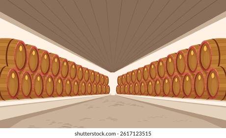Wine cellar with wooden barrels lined up in a dimly lit basement. Cartoon design representing a traditional winery storage space.