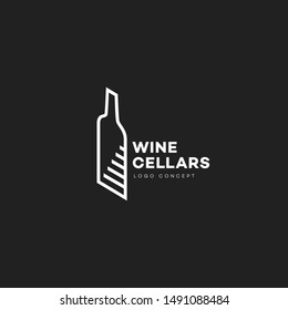Wine cellars logo design template with contour of bottle and stairs in linear style. Vector illustration.