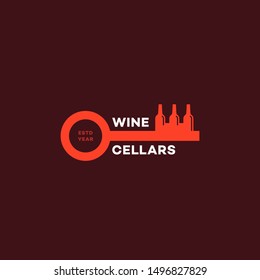 Wine cellars logo design template with stylized key and bottles. Vector illustration.