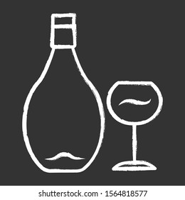 Wine chalk icon. Alcohol bar. Bottle and wineglass. Alcoholic beverage. Restaurant service. Glassware for red wine. Isolated vector chalkboard illustration
