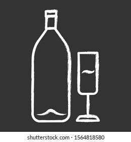 Wine chalk icon. Alcohol bar. Bottle and wineglass. Alcoholic beverage. Champagne glass. Restaurant service. Glassware for sparkling flute wine. Isolated vector chalkboard illustration