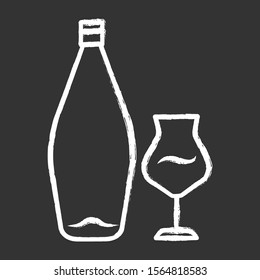 Wine chalk icon. Alcohol bar. Bottle and wineglass. Alcoholic beverage. Restaurant service. Glassware for dessert madeira wine. Isolated vector chalkboard illustration