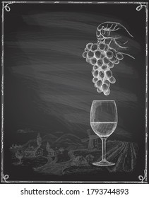 Weinkalkpappbanner mit Leerraum für Text und handgezeichnete grafische Illustration mit Hand, die einen Haufen Weintrauben und ein Glas Wein hält