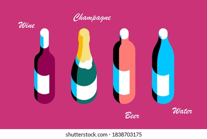 Wine, champagne, beer and water bottles. Set of items, isolated, text, pink background. Vector illustration