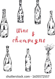 Wine, champagne bottle , drink alcohol set isolated on white background. Concept for logo, icon, menu   