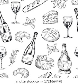vino, botella de champán , pan de gafas, comida, bebida vectorial sin fisuras sobre fondo blanco. Concepto de papel tapiz, menú, papel envolvente