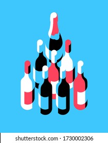 Wine and champagne bottles arranged in a shape of a triangle. Set of items, top view, flat isolated images, blue background. Vector illustration
