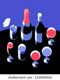 Wine and champagne bottles, cocktail glasses, top view. Vector illustration