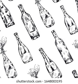 Wine, champagne bottles drink vector seamless pattern on white background. Concept for menu, cards, wallpaper, wrapping paper 