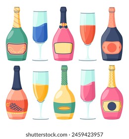 Wine champagne bottles and glasses collection. Set of bottles of alcohol drinks with glasses. Vector cartoon elements for bar or restaurant menu design