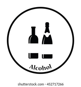 Wine and champagne bottles icon. Thin circle design. Vector illustration.