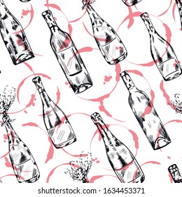 Wine, champagne bottles with smears vector seamless pattern on white background. Concept for menu, cards, textile