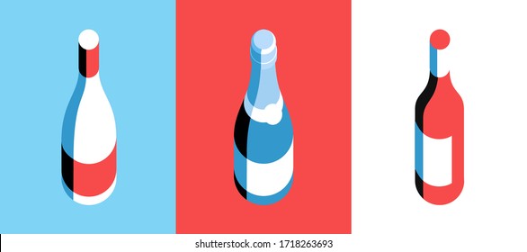 Wine and champagne bottles, top view. Flat isolated images on different colored backgrounds. Vector illustration