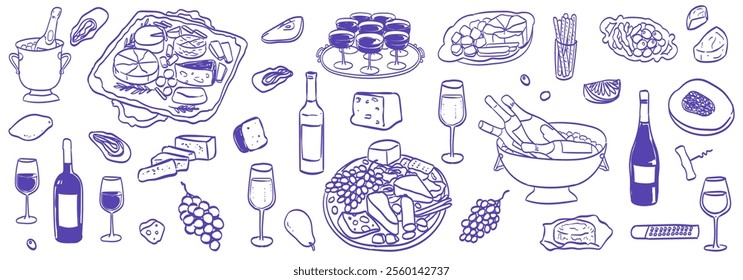 Wine, champagne with cheese board party vector illustration. Food and drinks drawing in doodle ink sketch style for wedding or birthday party invitation, menu, placard or poster. Dolce vita style.