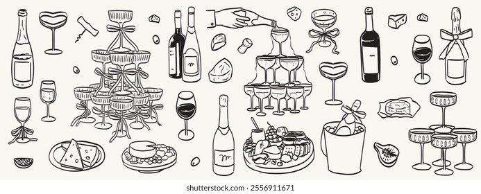 Wine, champagne with cheese platte vector illustration. Charcuterie board. Food and drinks drawing in doodle ink sketch style for wedding party. Cheddar, parmesan, brie, gorgonzola slices and pieces.