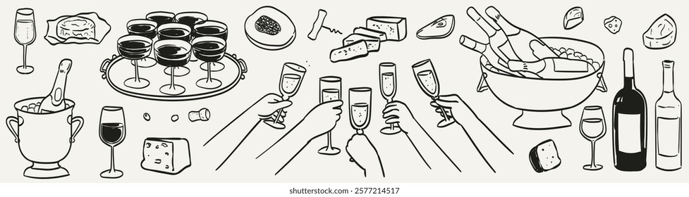 Wine, champagne with cheese vector illustration. Food and drinks drawing in doodle ink sketch style for wedding, birthday party or anniversary. Cheddar, parmesan, brie, gorgonzola slices and pieces.