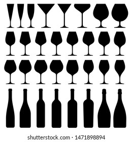 Wine, champagne, coctail, cognac glasses and bottles set, black and white vector graphic