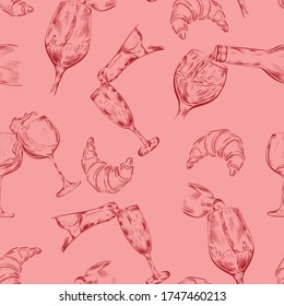 Wine, champagne. croissant food, drink vector seamless pattern on pink background. Concept for menu, cards, wallpaper, wrapping paper 