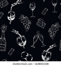 Wine, champagne drink, chalk vector seamless pattern . Concept for print, menu, wallpaper, wrapping paper