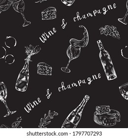 wine, champagne drink sketch vector seamless chalk pattern isolated on white background. Concept for menu, cards, wallpaper, wrapping paper 