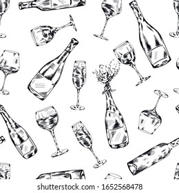 Wine, champagne drink vector seamless pattern on white background. Concept for print, logo, menu, cards , wallpaper, wrapping paper 