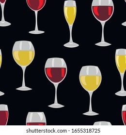 Wine, champagne drink vector seamless pattern on black background . Concept for menu, cards, wallpaper, wrapping paper 