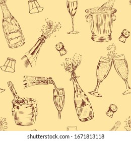 Vino, champán , bebida vectorial sin fisuras . Concepto de papel tapiz, papel envolvente, tarjetas, menú 