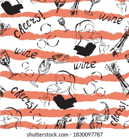 Wine, champagne drink vector seamless pattern with red smears isolated on white background. Concept for wallpaper, wrapping paper, cards, invitation 