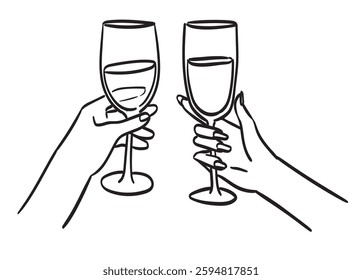 Wine or champagne glass clinking vector illustration. Cheers ink line drawing in doodle minimalism style for wedding, birthday or anniversary celebrations toast line art icon. Newlywed congrats.