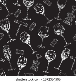 Wine, champagne glasses chalk vector seamless pattern on black background. Concept for wallpaper, wrapping paper, cards 