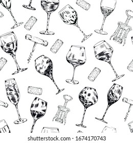 Wine, champagne glasses , drink vector seamless pattern on white background. Concept for menu, cards, wallpaper, wrapping paper 