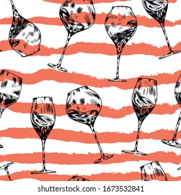 Wine, champagne glasses with wine steams vector seamless pattern . Concept for menu, cards, wallpaper, wrapping paper 