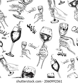 Vino, champán, tintas vectoriales sin fisuras aisladas en fondo blanco. Concepto de menú, tarjetas, fondo de pantalla 